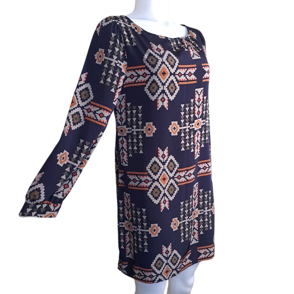 Yanada USA Women's Tunic/Dress Long Sleeves Blue/Orange Aztec Print Size S/M